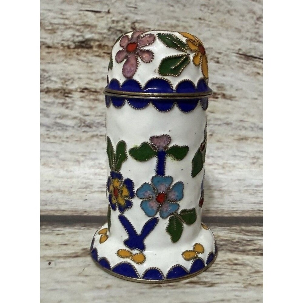 Toothpick Holder VINTAGE CLOISONNE ENAMEL White Blue Floral